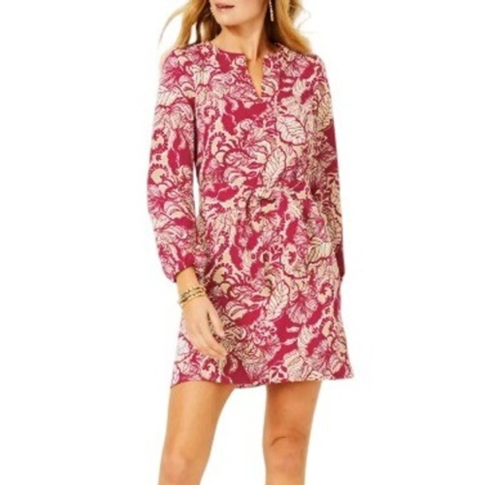 Lilly Pulitzer Olivine Dress Women 12 Red Island Vibes Floral Long Sleeve Sash